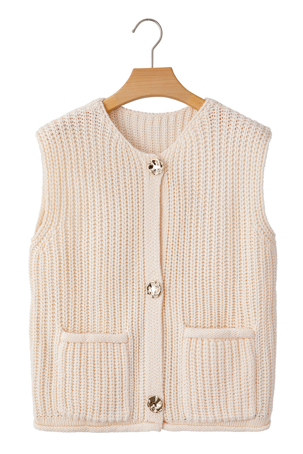 Red Solid Textured Knit Side Pockets Buttoned Sweater Vest