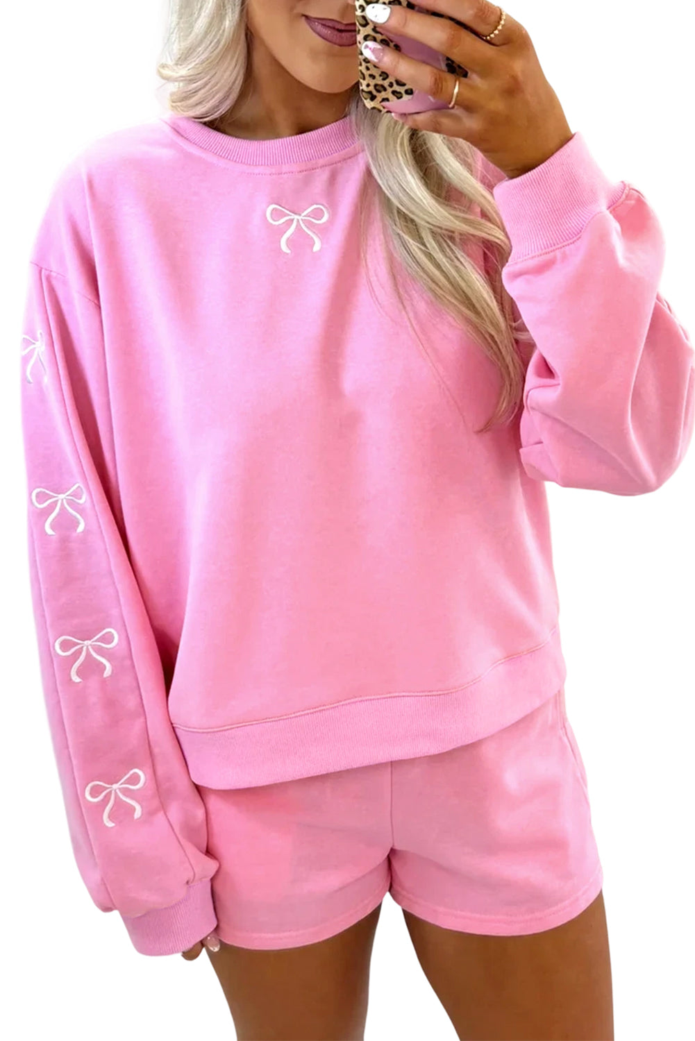 Pink Bow Long Sleeve Pullover and High Waist Shorts Set