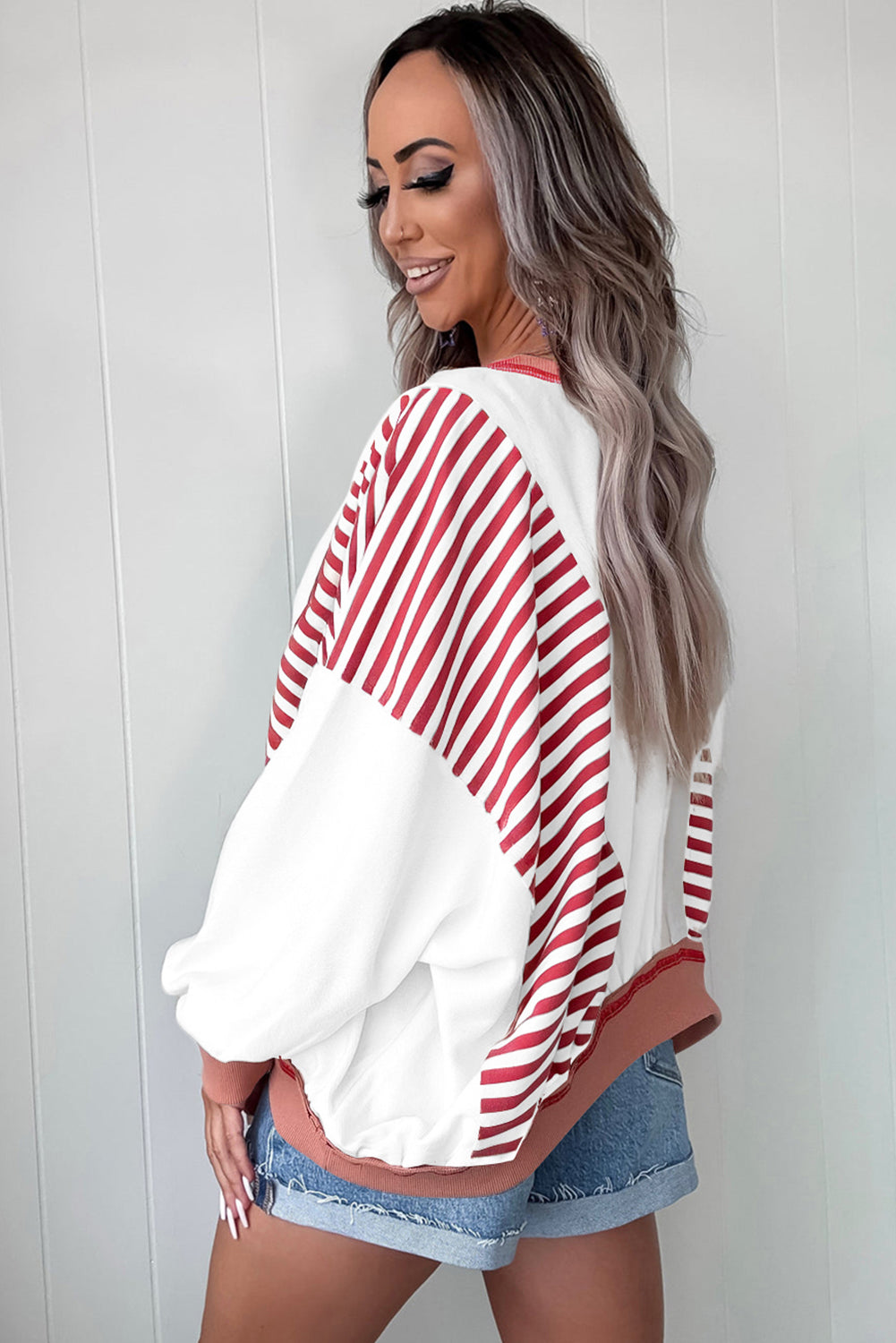 Red Striped Colorblock Oversized Sweatshirt