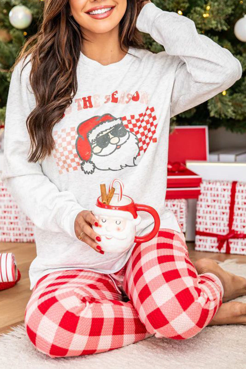 Christmas Santa Top and Plaid Pants Pajama Set