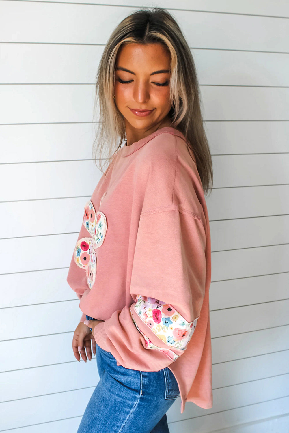 Peach Blossom Flower Drop Sleeve Pullover Sweatshirt