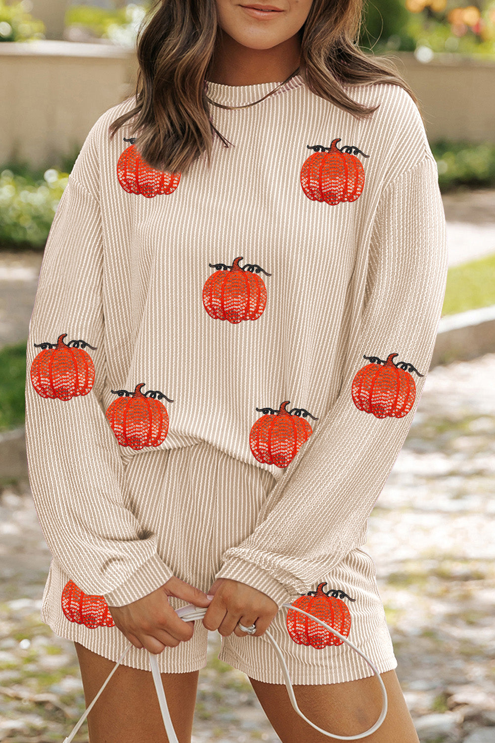 Pumpkin Patched Long Sleeve Pullover and Shorts Set