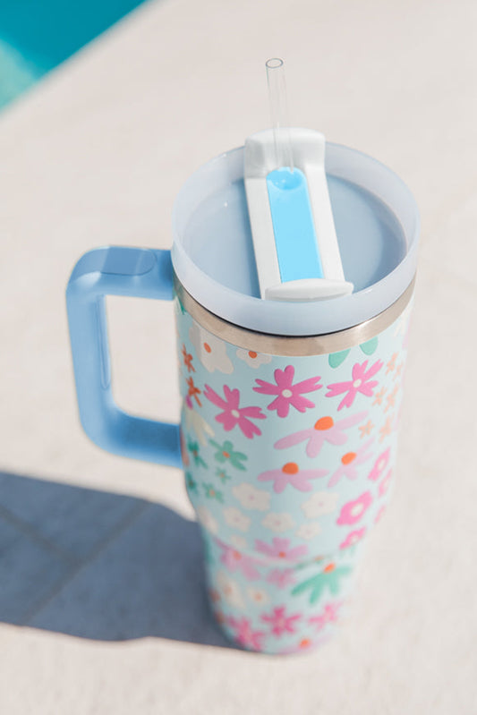 Blue Flower Print Handled Cup with Straw 40oz