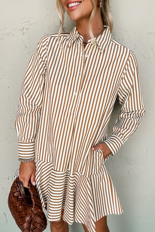 Brown Long Sleeve Shirt Mini Dress