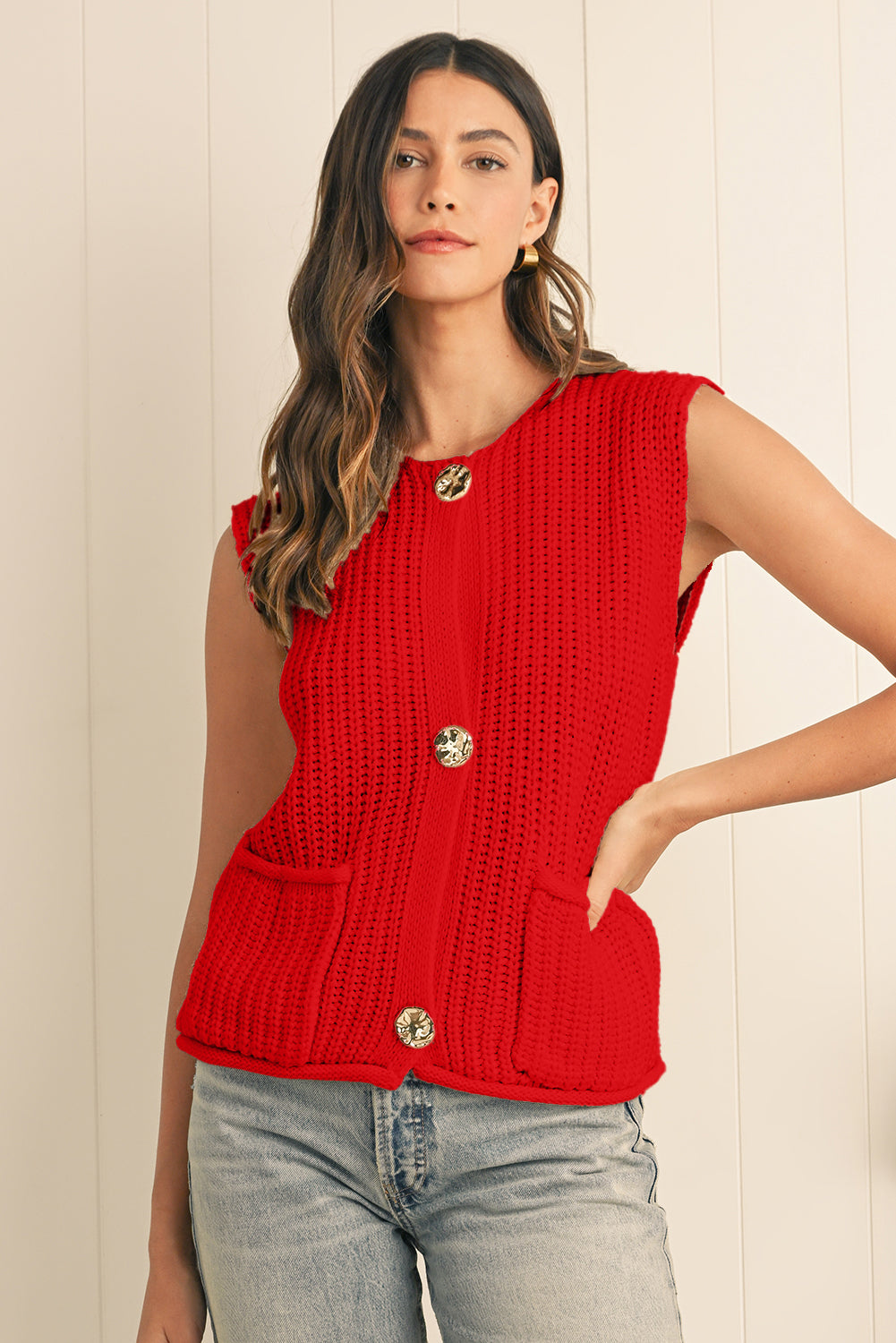 Red Solid Textured Knit Side Pockets Buttoned Sweater Vest