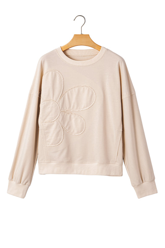 Beige Flower Patch Drop Shoulder Long Sleeve
