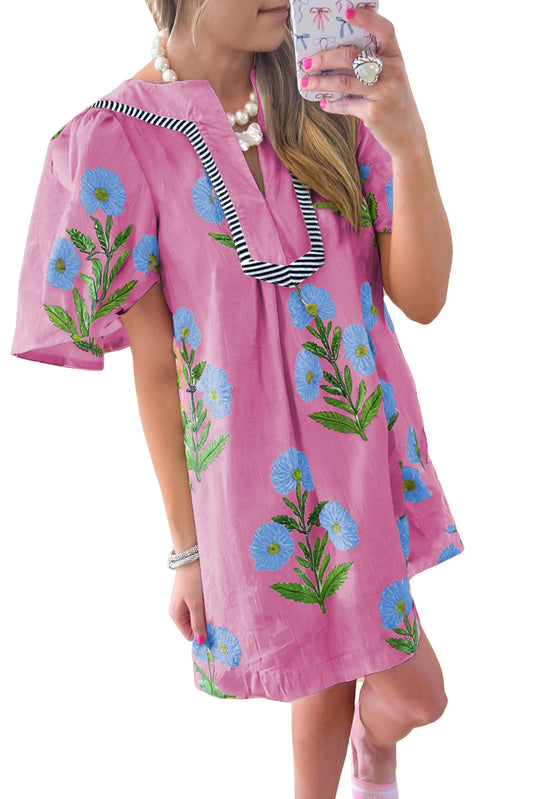 Short Sleeve Split Neck Floral Mini Dress
