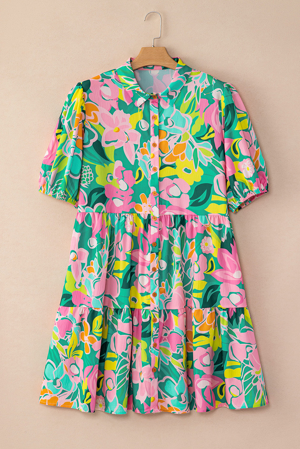 Green Floral Puff Sleeve Dress