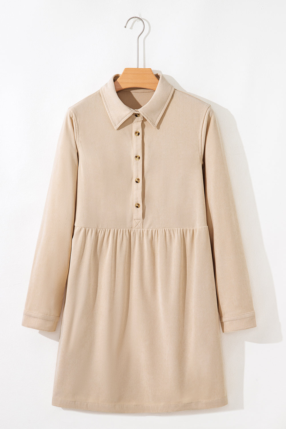Oatmeal Half Button Collared Long Sleeve Mini Dress