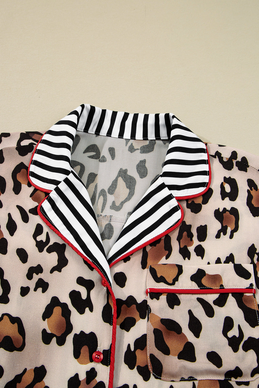 Leopard Print Striped Patchwork Shirt and Pants Pajama Set