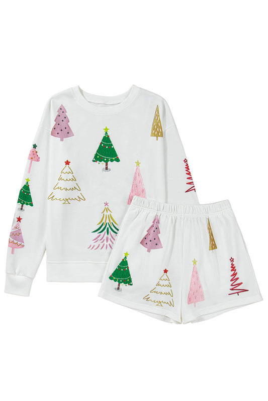 White Christmas Tree Long Sleeve Top and Shorts Pajama Set