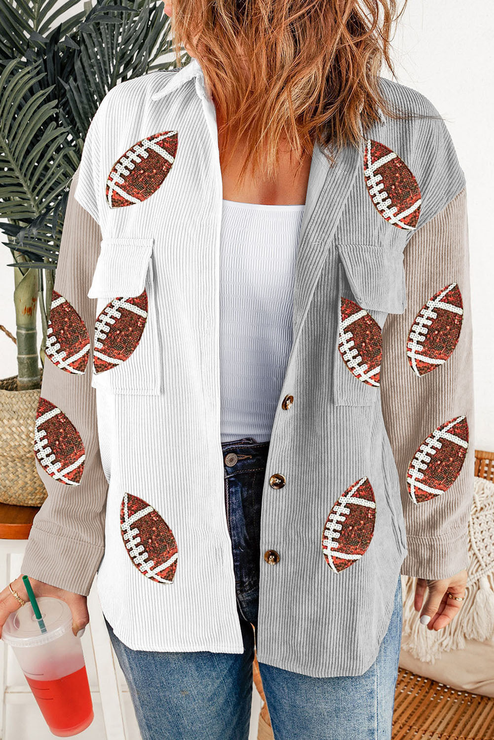 White Sequin Corduroy Shacket