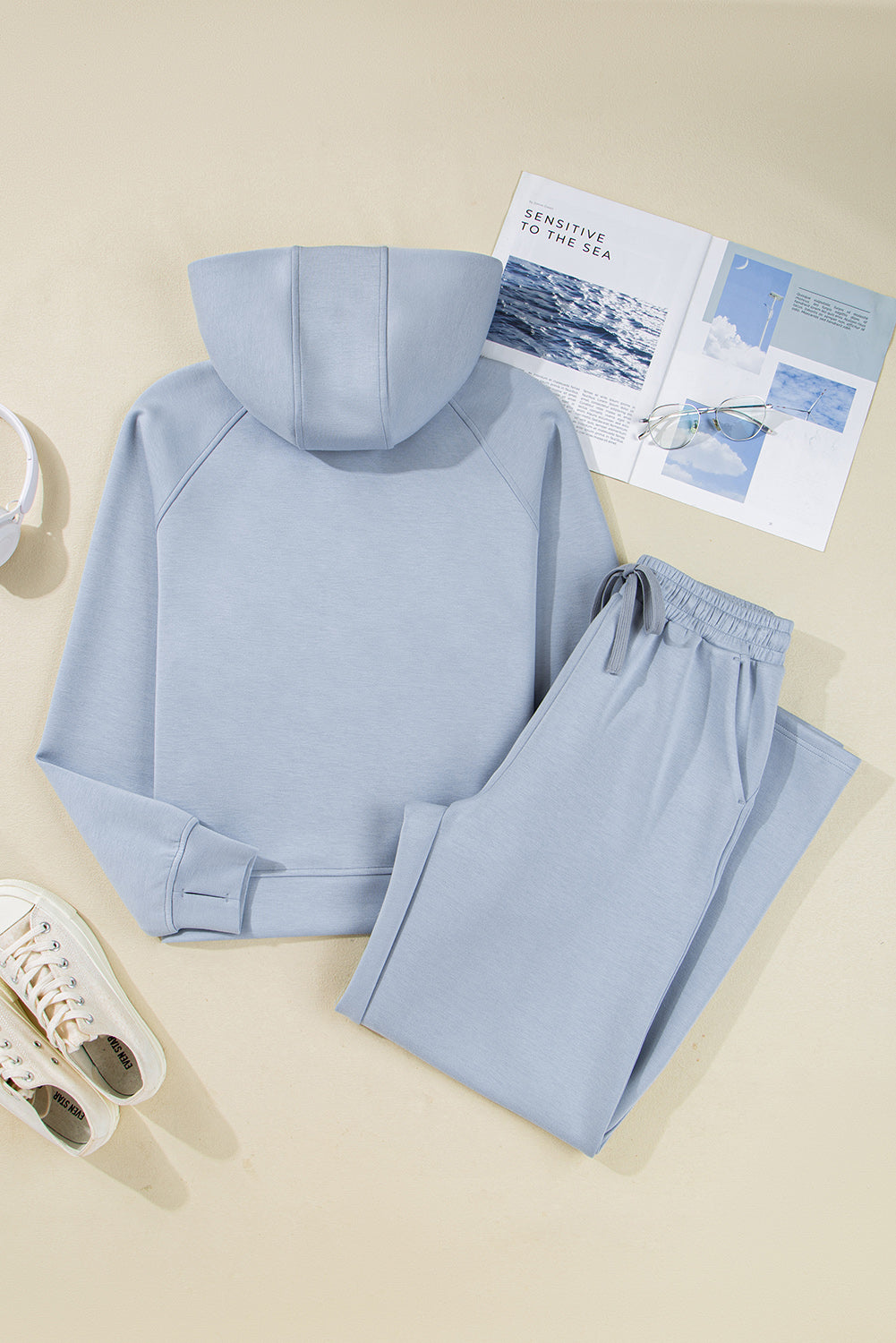 Blue Half Zip Thumbhole Sleeve Hoodie Active Pants 2pcs Outfit