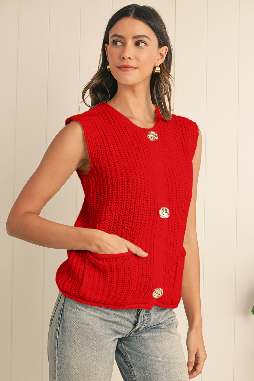Red Solid Textured Knit Side Pockets Buttoned Sweater Vest