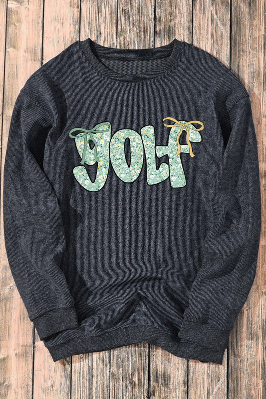 Gray Twisted Ribbed Floral GOLF Bow Printed Sweatshirt