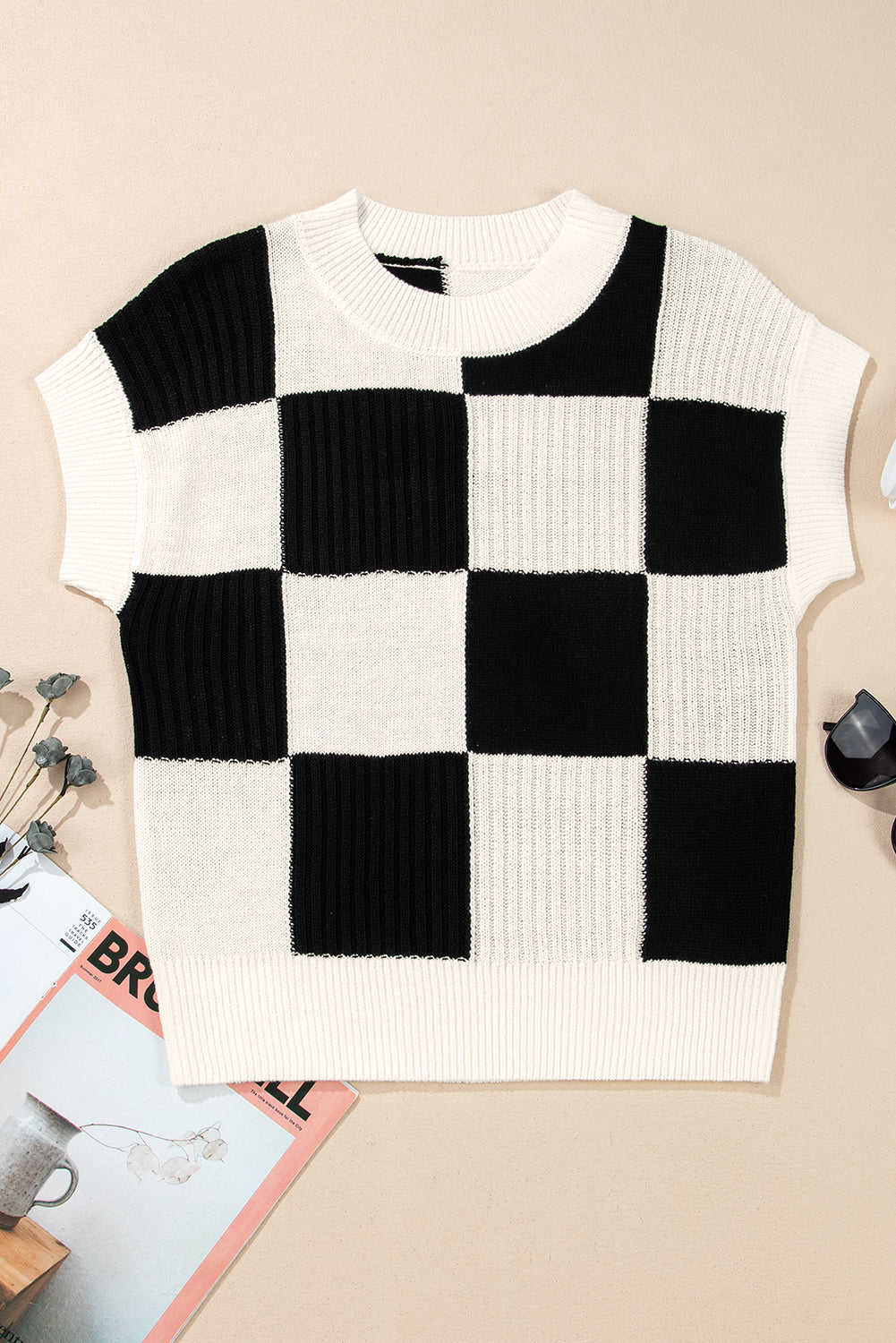 Khaki Checkered Crew Neck Short Sleeve Sweater