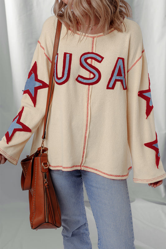 Beige USA Star Long Sleeve Top