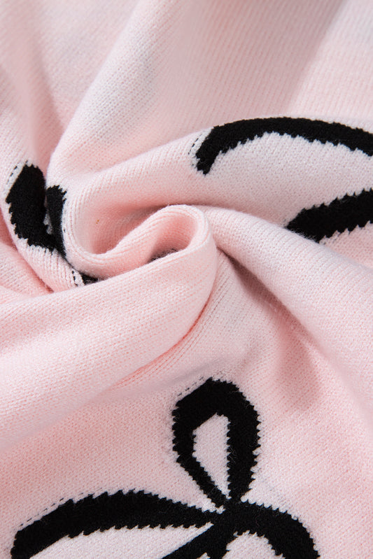 Light Pink Bow Print Long Sleeve Loose Fit Sweater