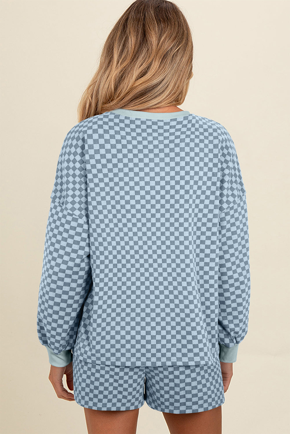 Brown Checkerboard Long Sleeve Pullover and Shorts Set