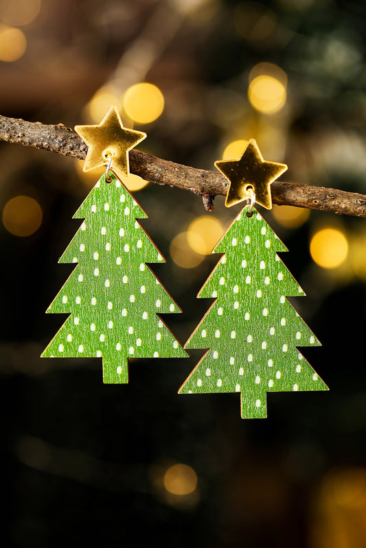 Green Polka Dot Print Christmas Tree Dangle Earrings