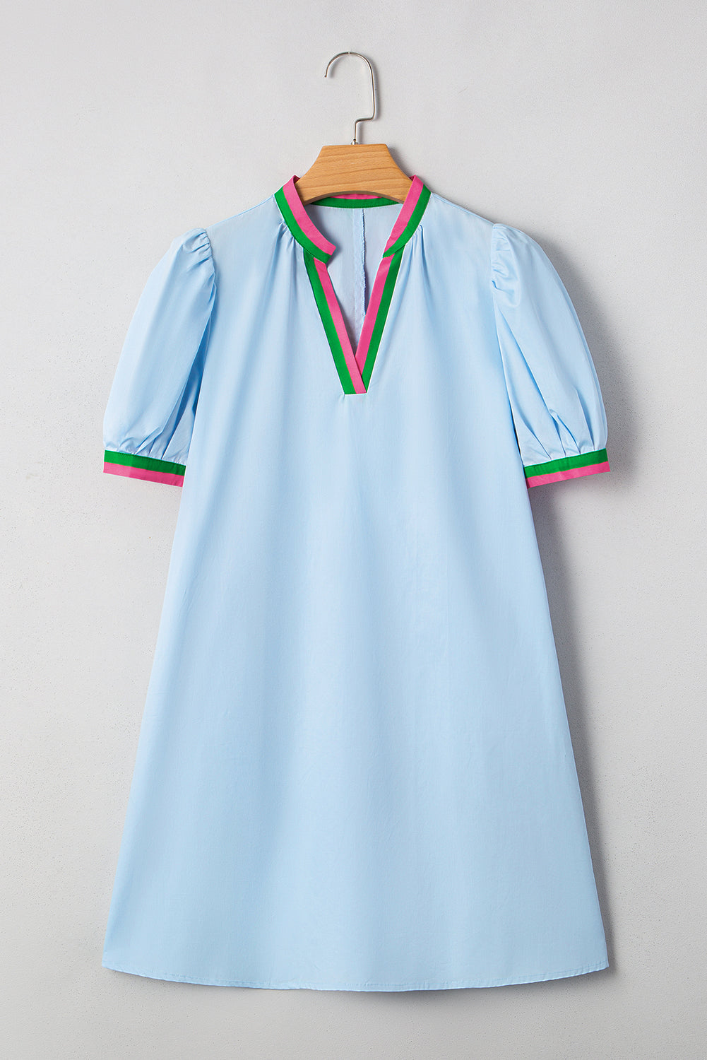 Striped Pop of Color V Neck Puff Sleeve Mini Dress