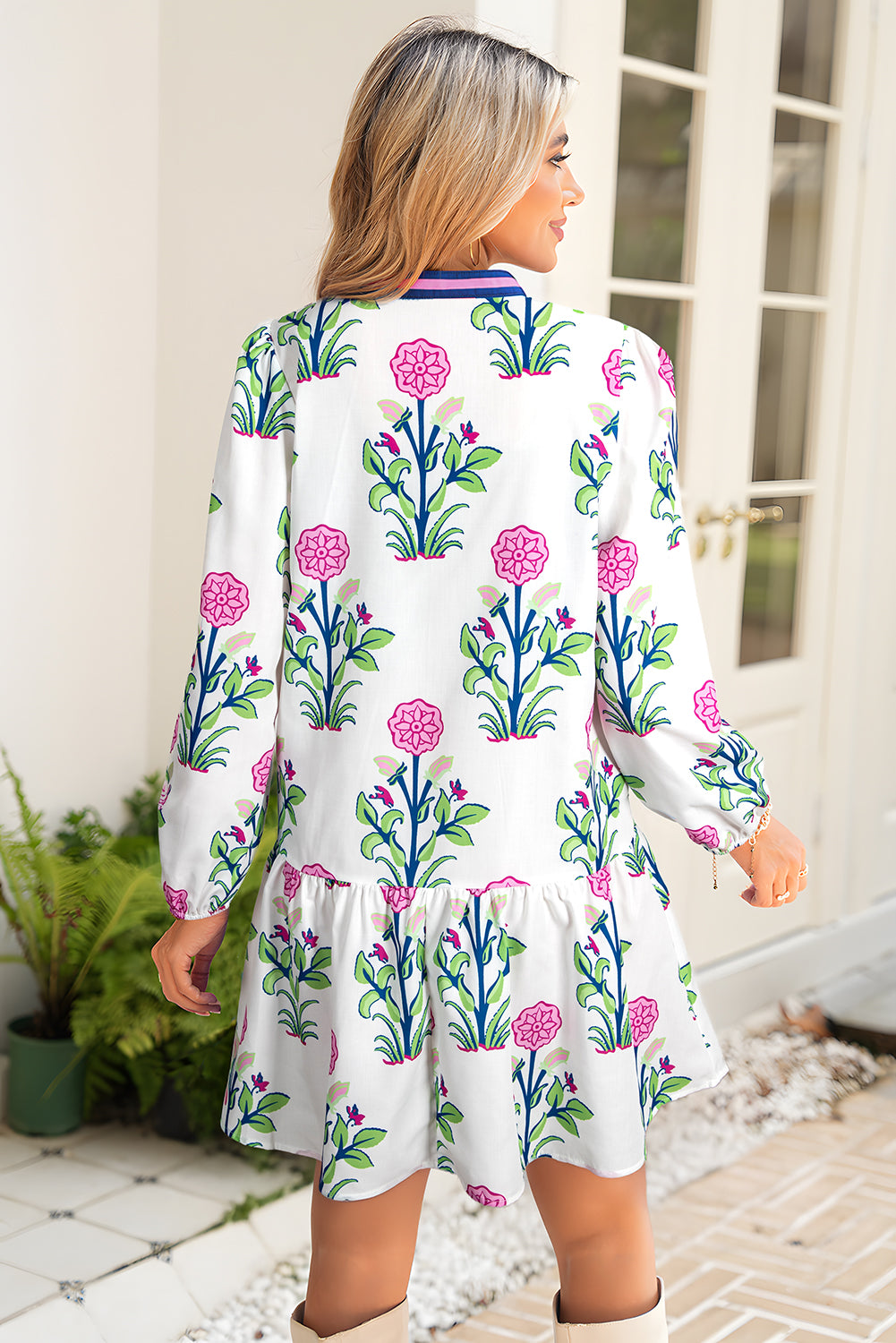 White Floral Print V Neck Mini Dress