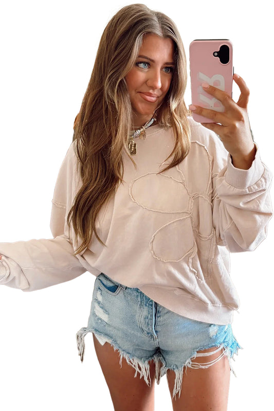 Beige Flower Patch Drop Shoulder Long Sleeve