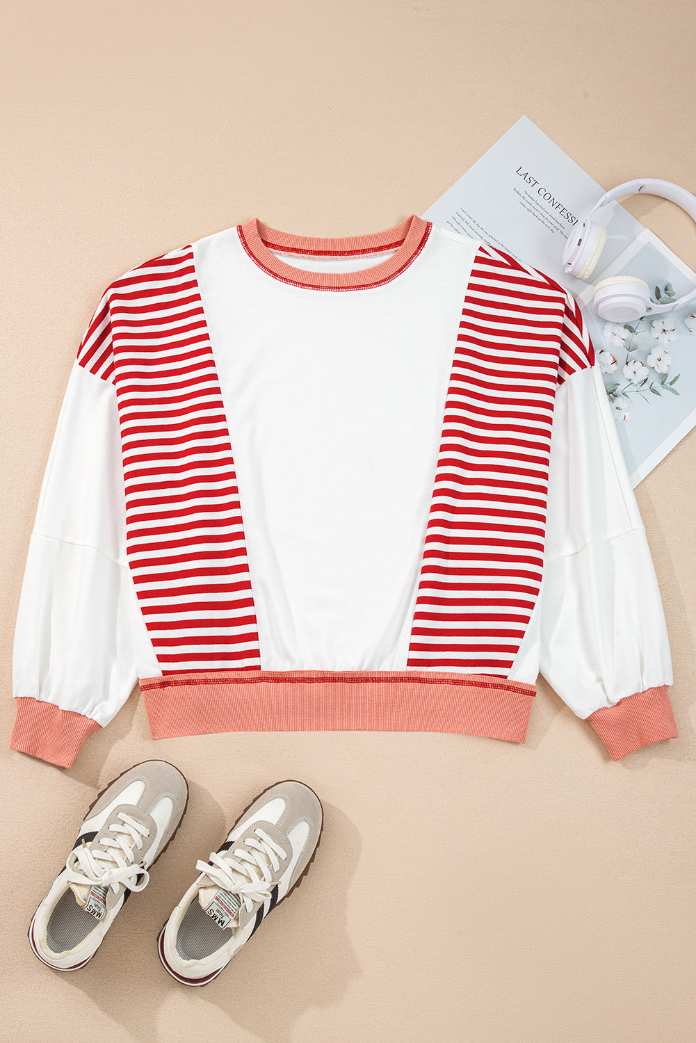 Red Striped Colorblock Oversized Sweatshirt