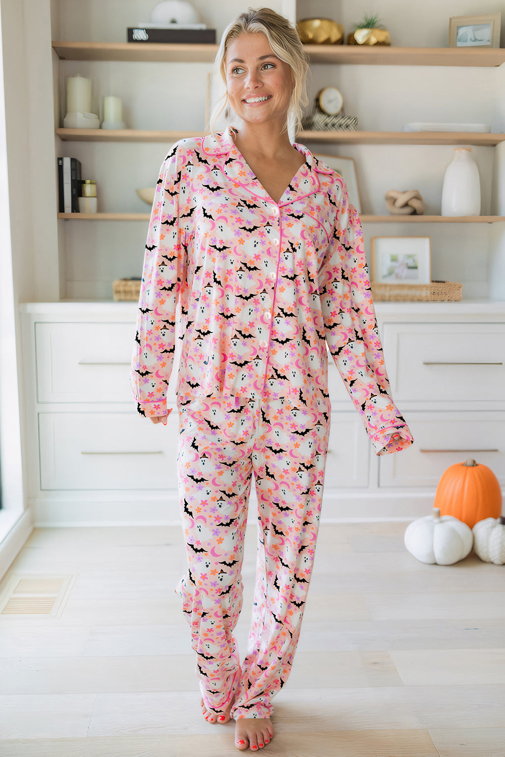 Pink Ghost Print Long Pajama Set