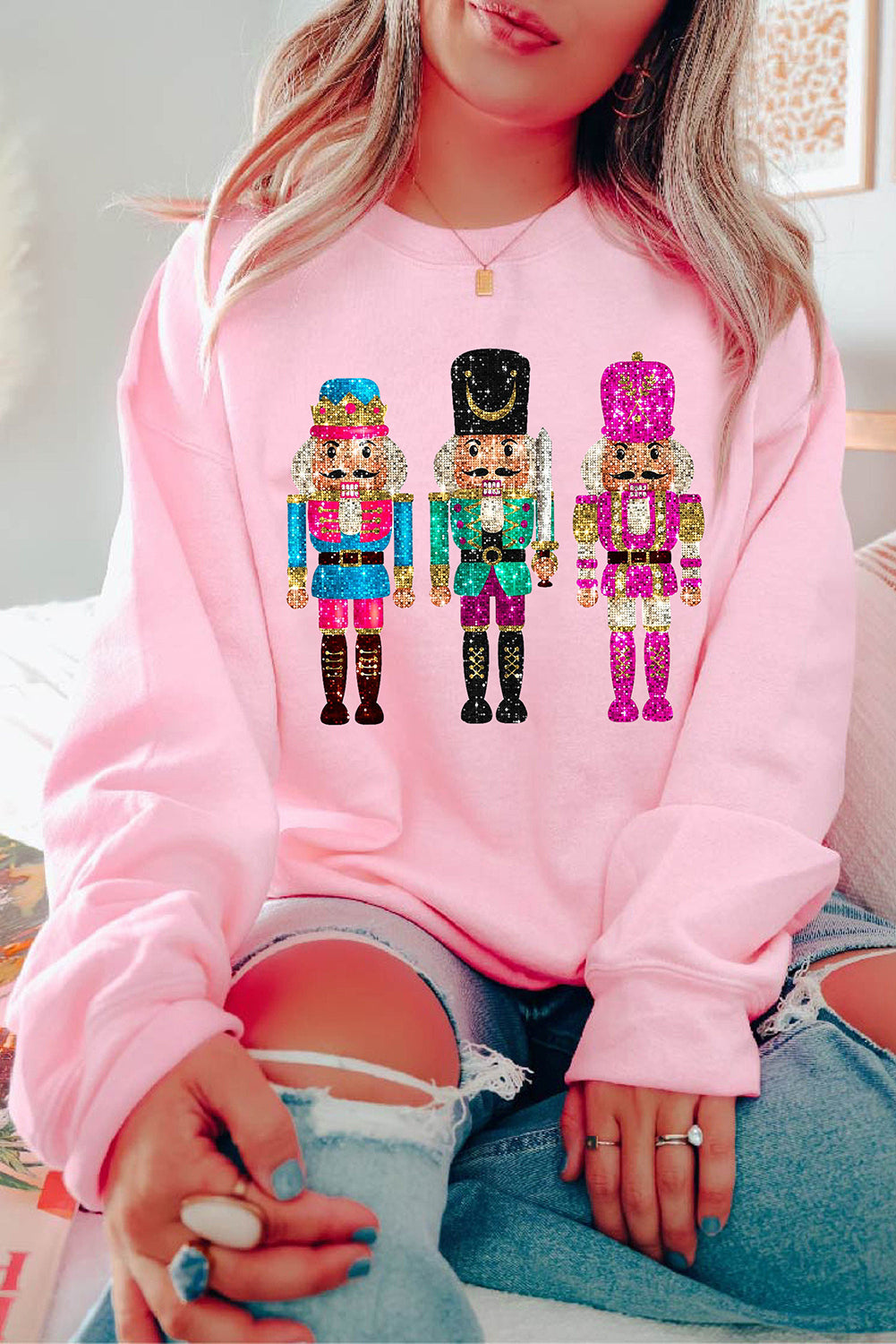 Pink Nutcracker Graphic Drop Shoulder Christmas Sweatshirt