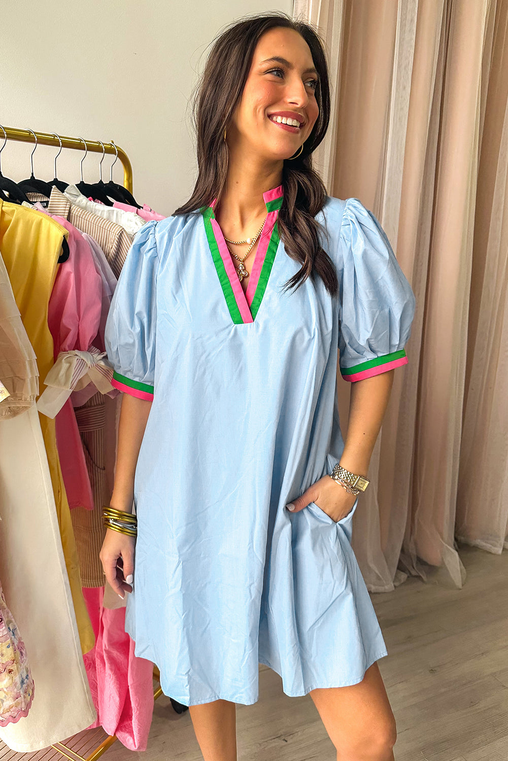 Striped Pop of Color V Neck Puff Sleeve Mini Dress