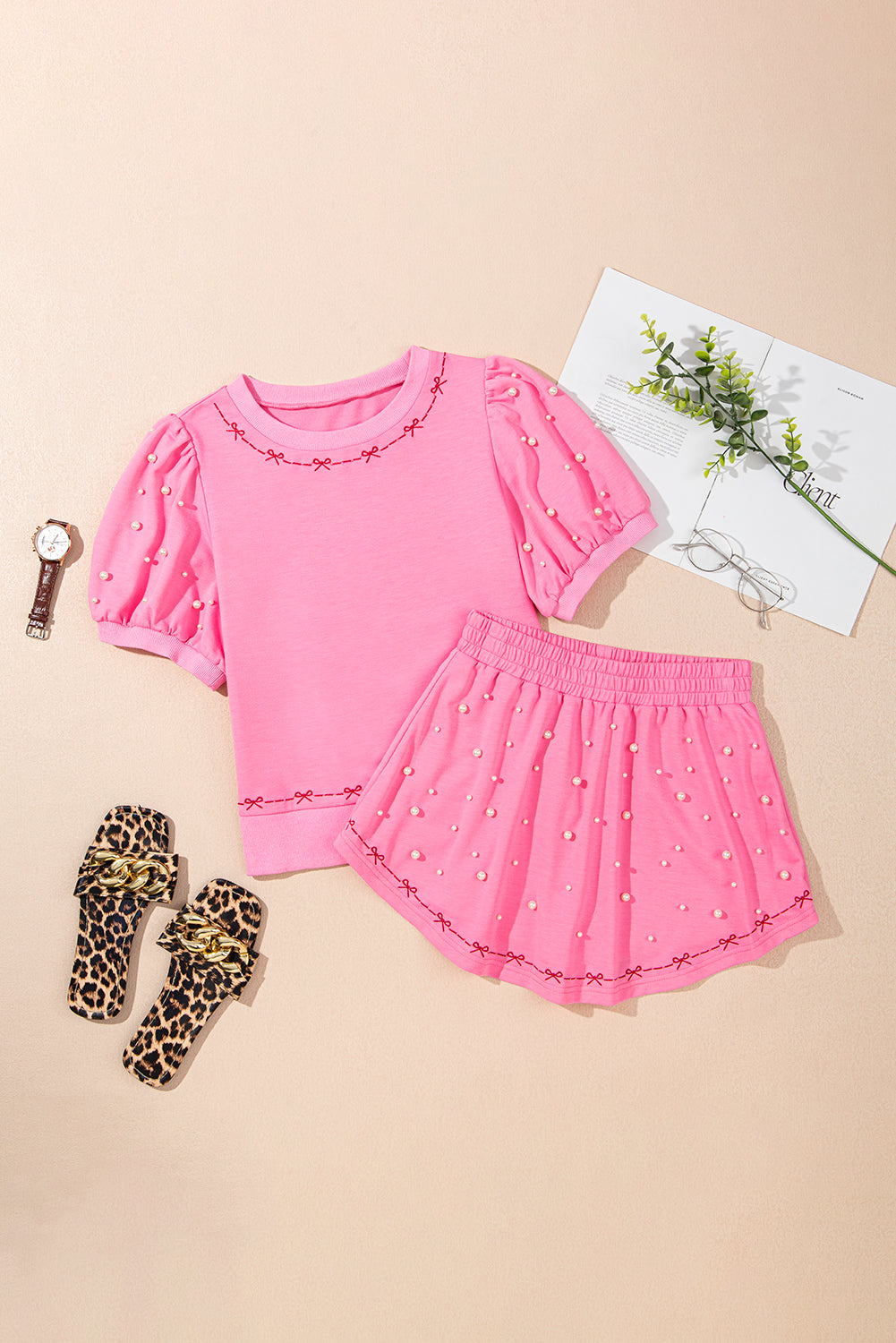Pink Bow Trim Pearl Blouse and Skort Set