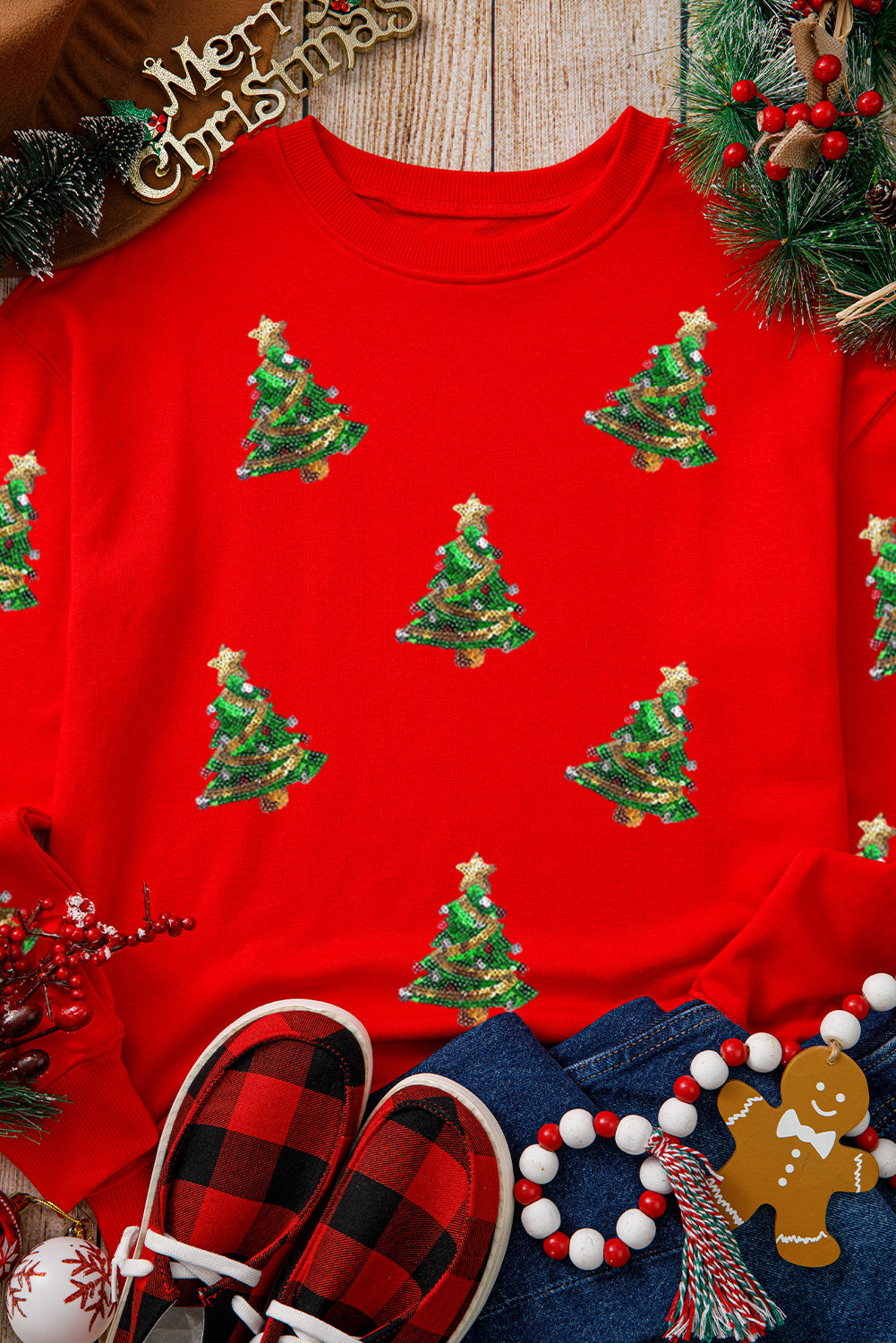Red Christmas Tree Graphic Drop Shoulder Sweatshirt