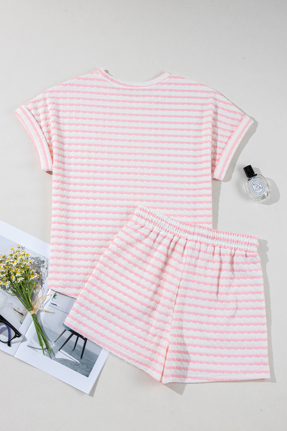 Pink Striped Short Sleeve Top and Pocket Shorts Set