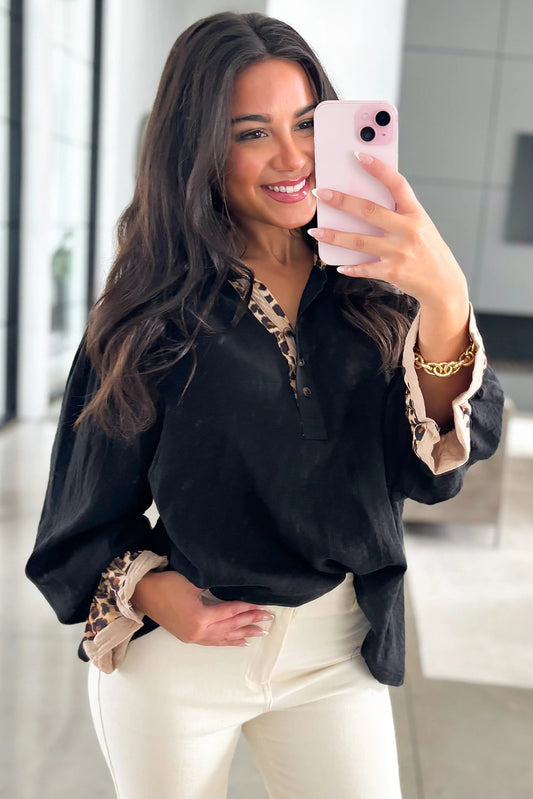 Black Leopard Contrast V Neck Long Sleeve Blouse