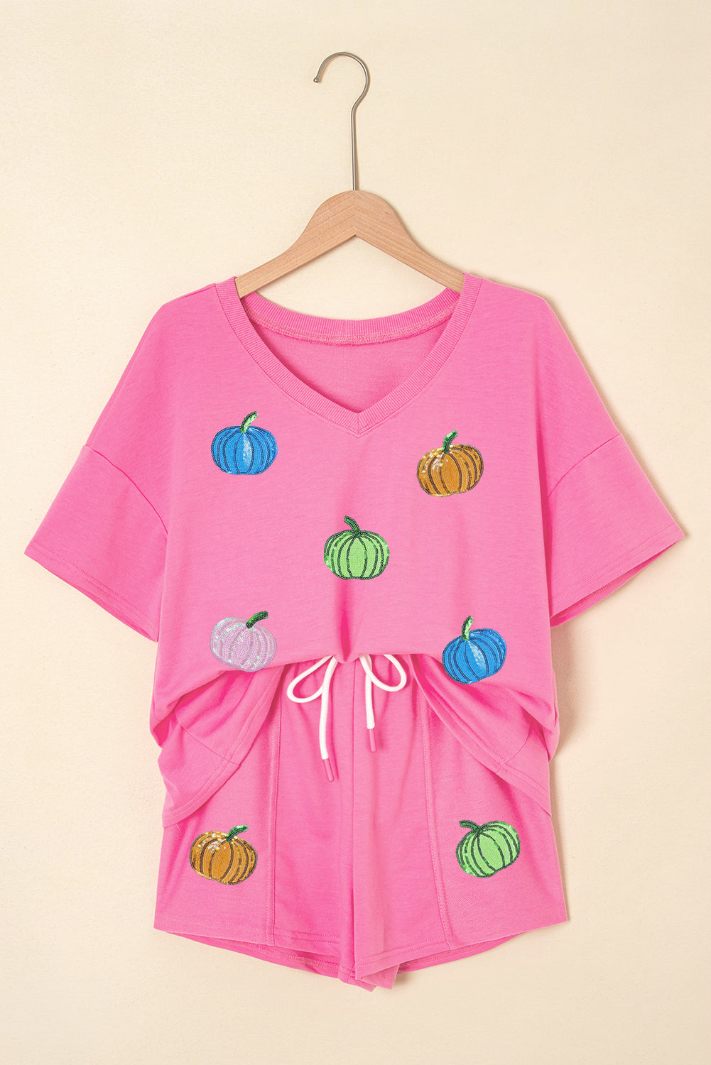 Halloween Pumpkin Pattern V Neck Tee and Drawstring Shorts Set