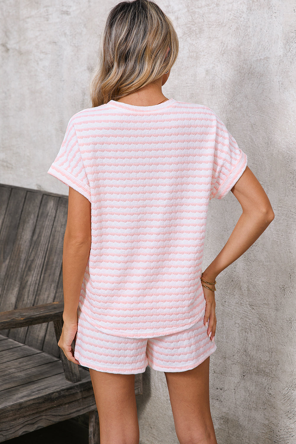 Pink Striped Short Sleeve Top and Pocket Shorts Set