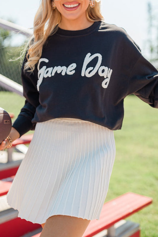 Black Game Day Letter Patched Drop Shoulder Sweatshirt