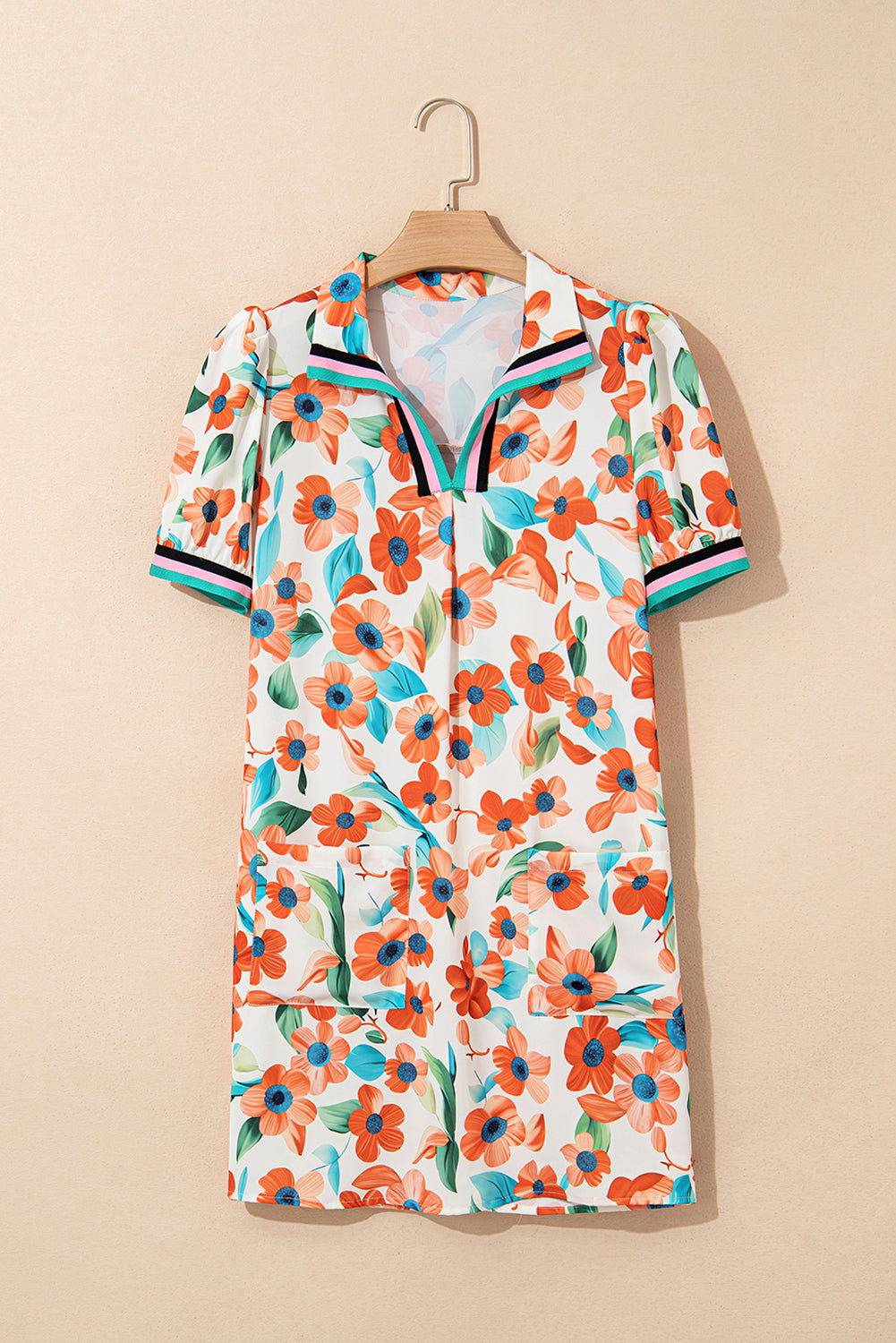 Split Neck Puff Sleeve Floral Mini Dress