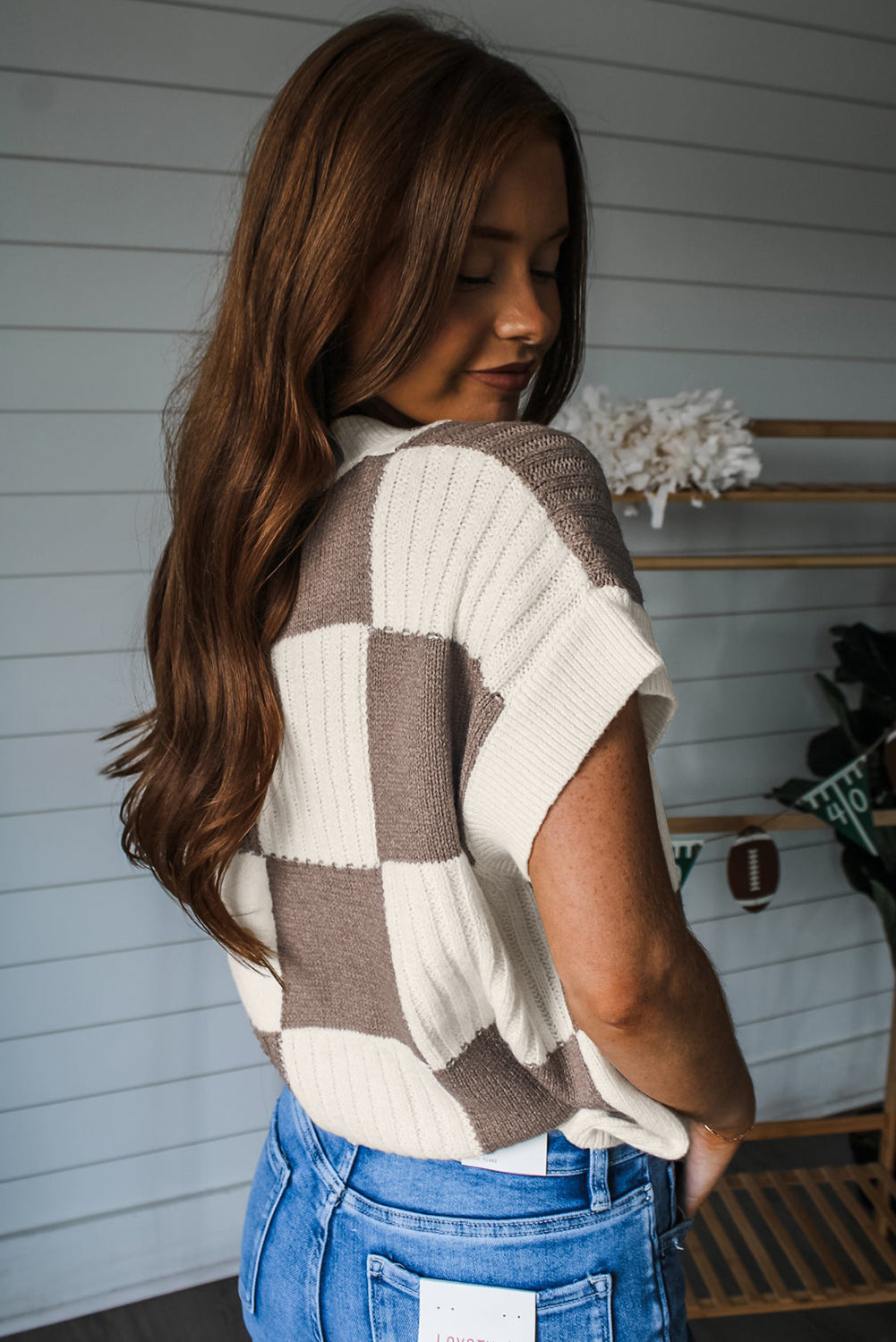 Khaki Checkered Crew Neck Short Sleeve Sweater