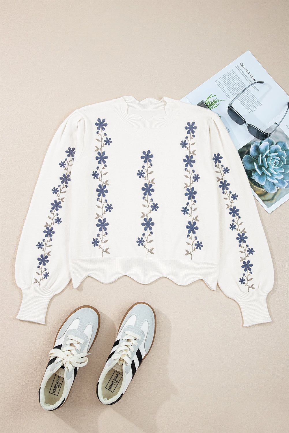 White Floral Cropped Sweater