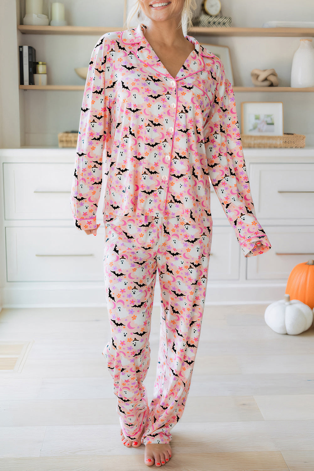 Pink Ghost Print Long Pajama Set