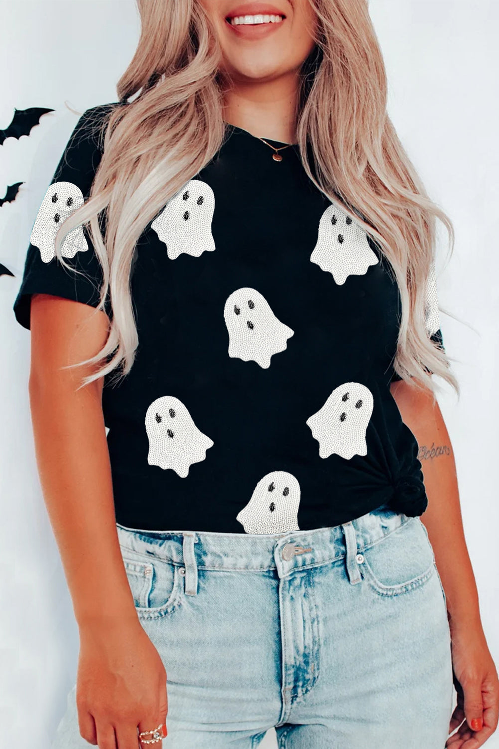 Pink Halloween Ghost Patched Casual T Shirt