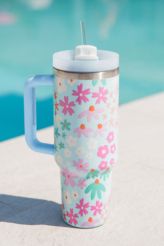 Blue Flower Print Handled Cup with Straw 40oz