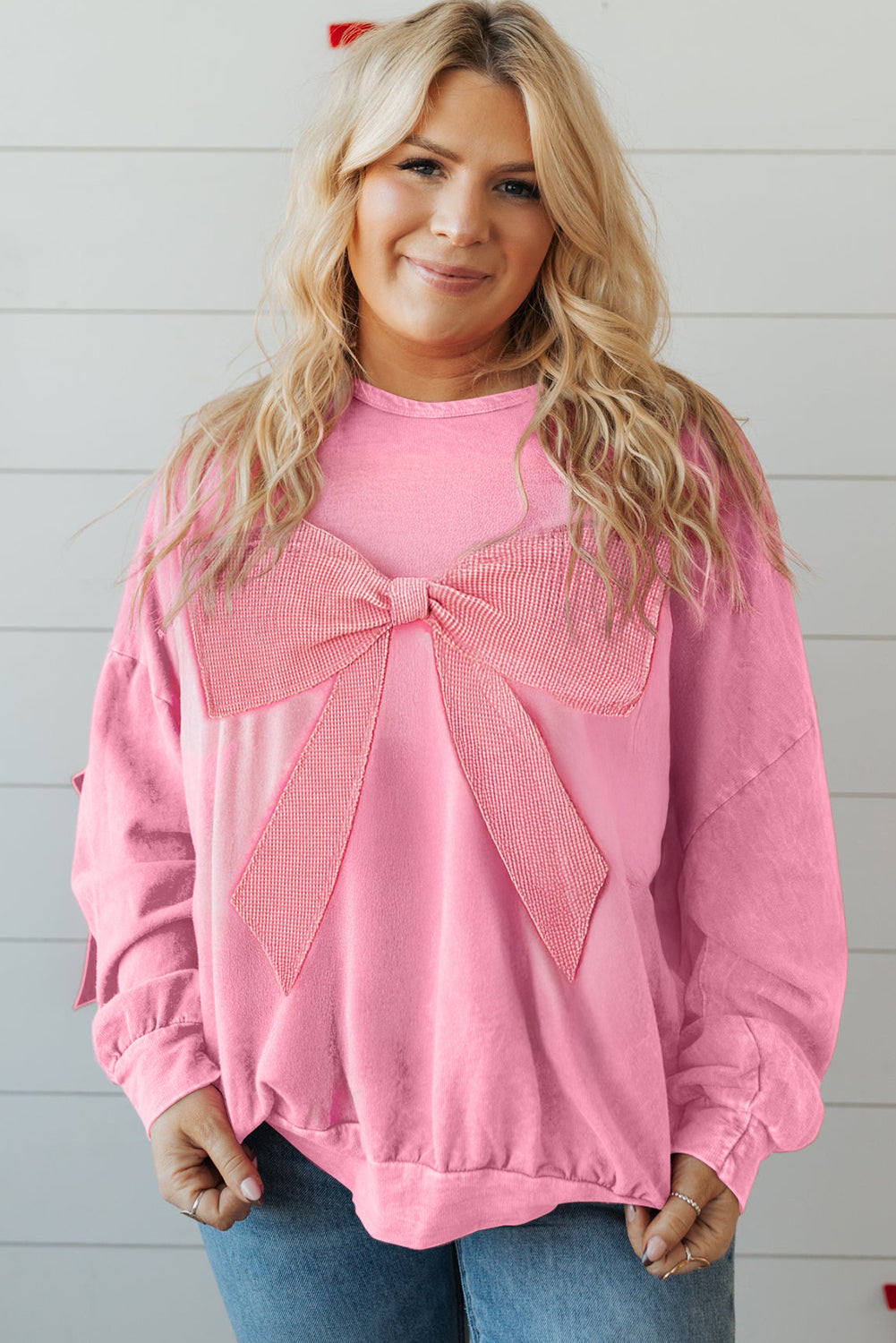 Pink Bowknot Patchwork Plus Size Top