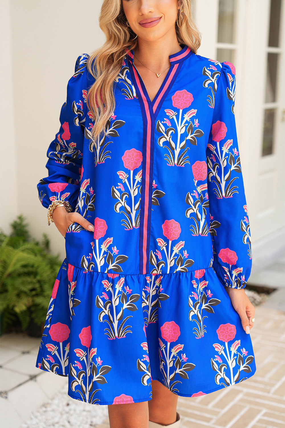 White Floral Print V Neck Mini Dress
