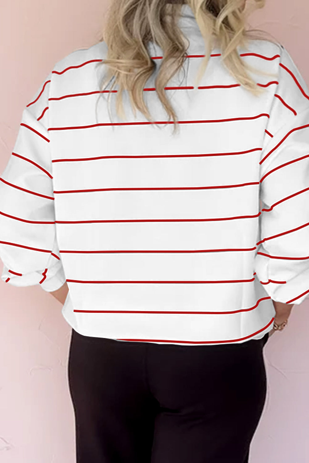 Red Striped Zipper V-Neck Drop Sleeve Top